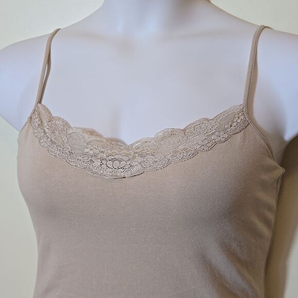 Express Y2K Lace Trim Tank Top Size Large Sexy Stretch Tan Shelf Bra Soft Girl - Picture 2 of 13